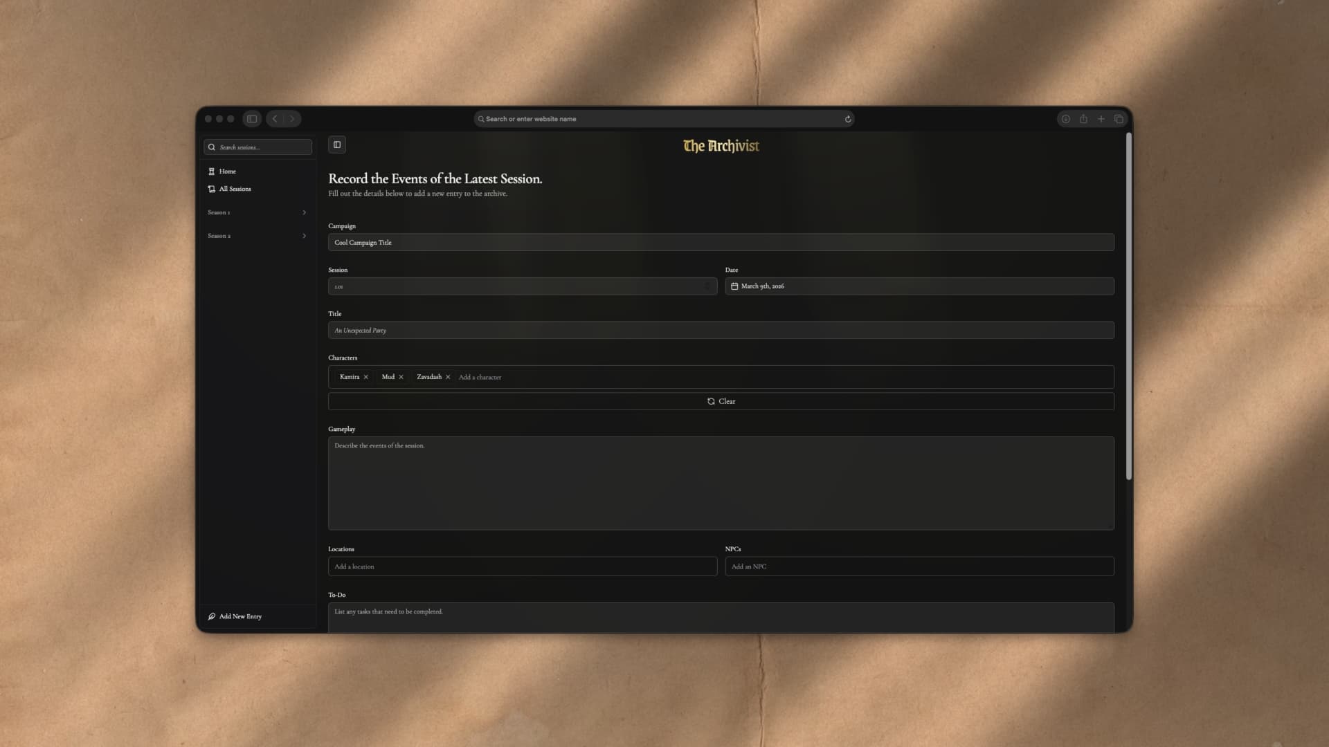 New session page on mobile