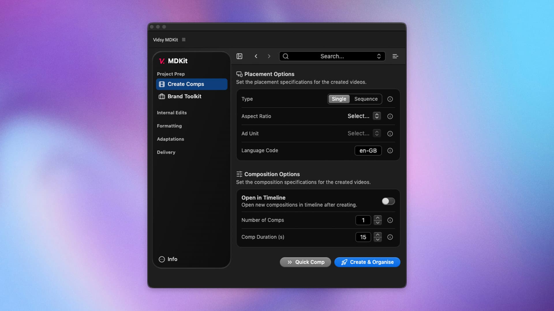 Create Comps tab: Sidebar open, help-text visible.