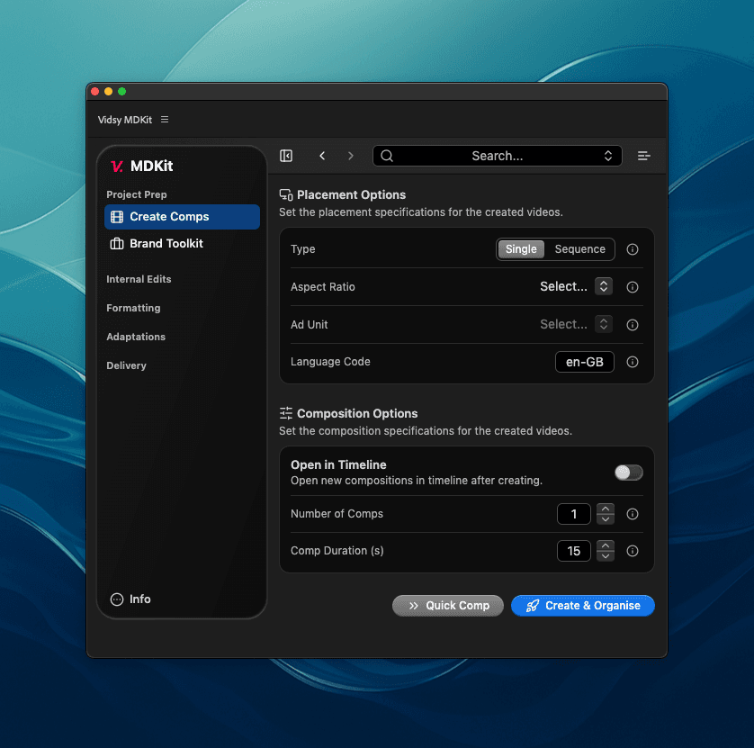 Create Comps tab: Sidebar open, help-text visible.