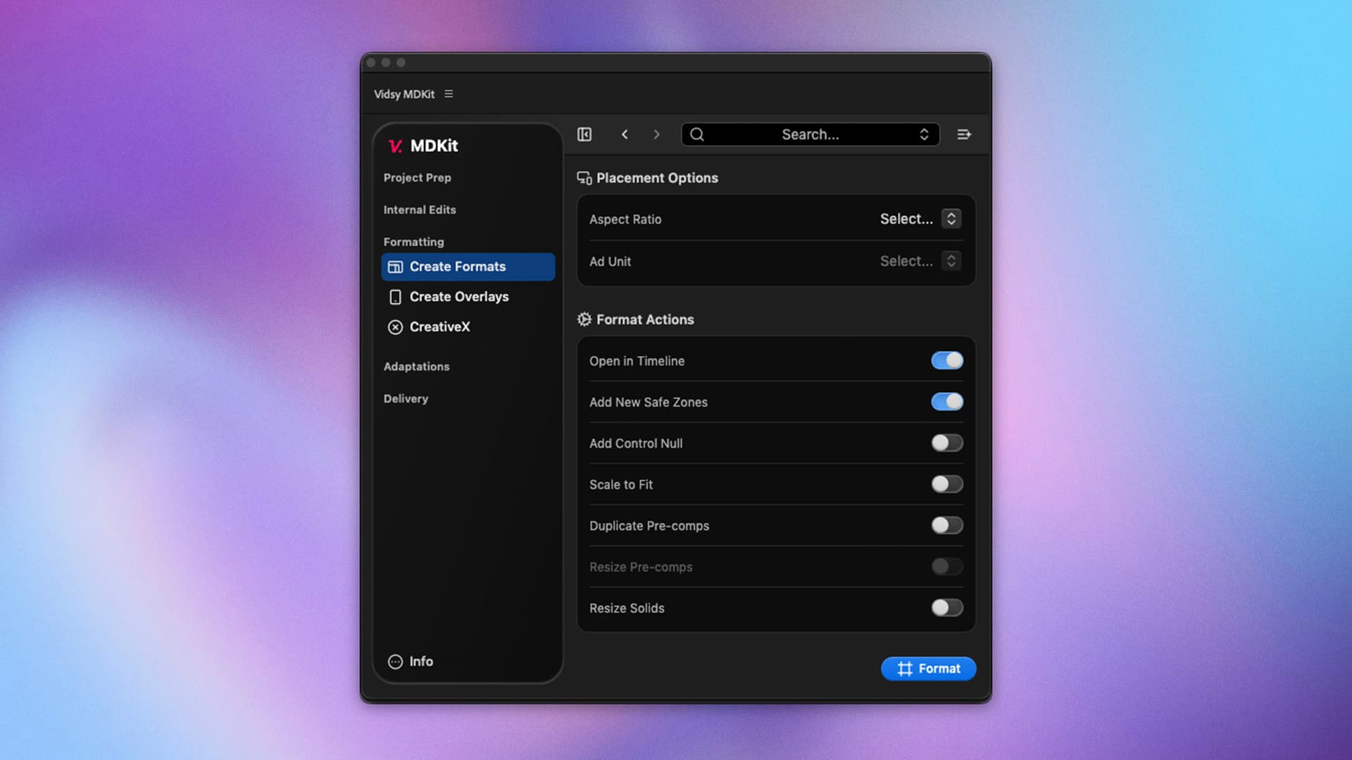 Create Formats tab: Sidebar open, help-text hidden.