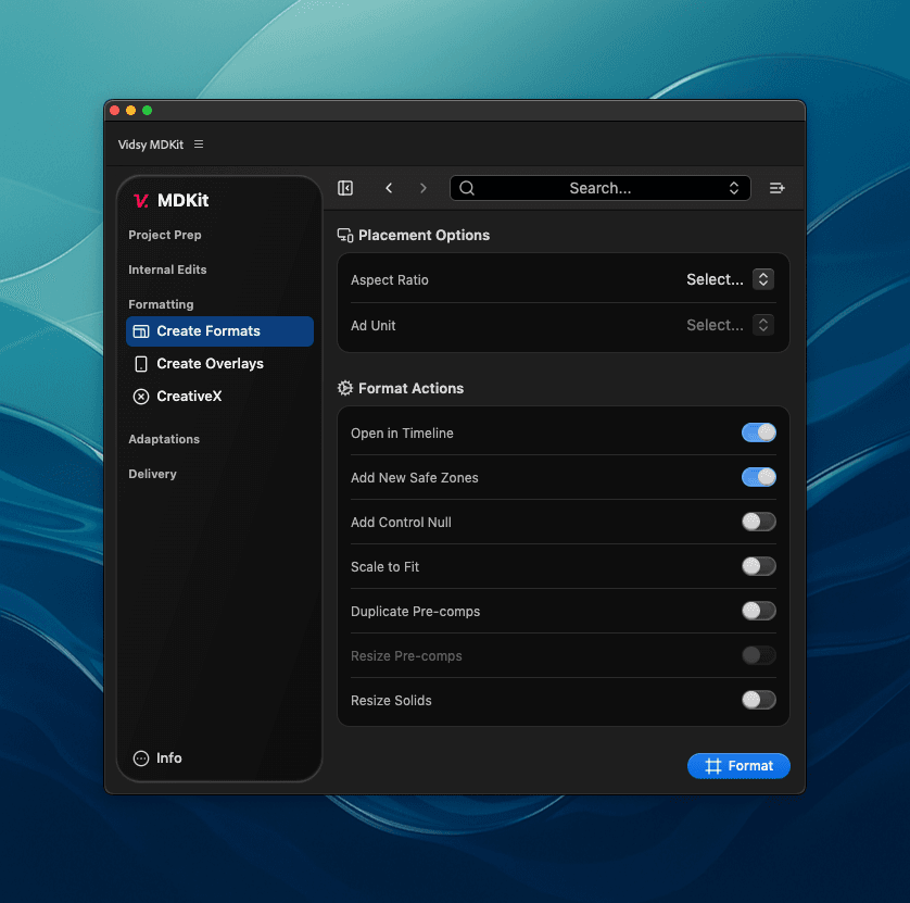 Create Formats tab: Sidebar open, help-text hidden.