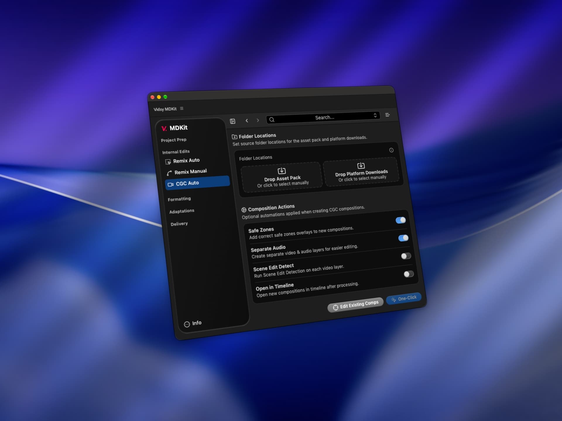 The After Effects extension's CGC Auto tab: drop in footage, then safe zones, audio and scene detection run on build.